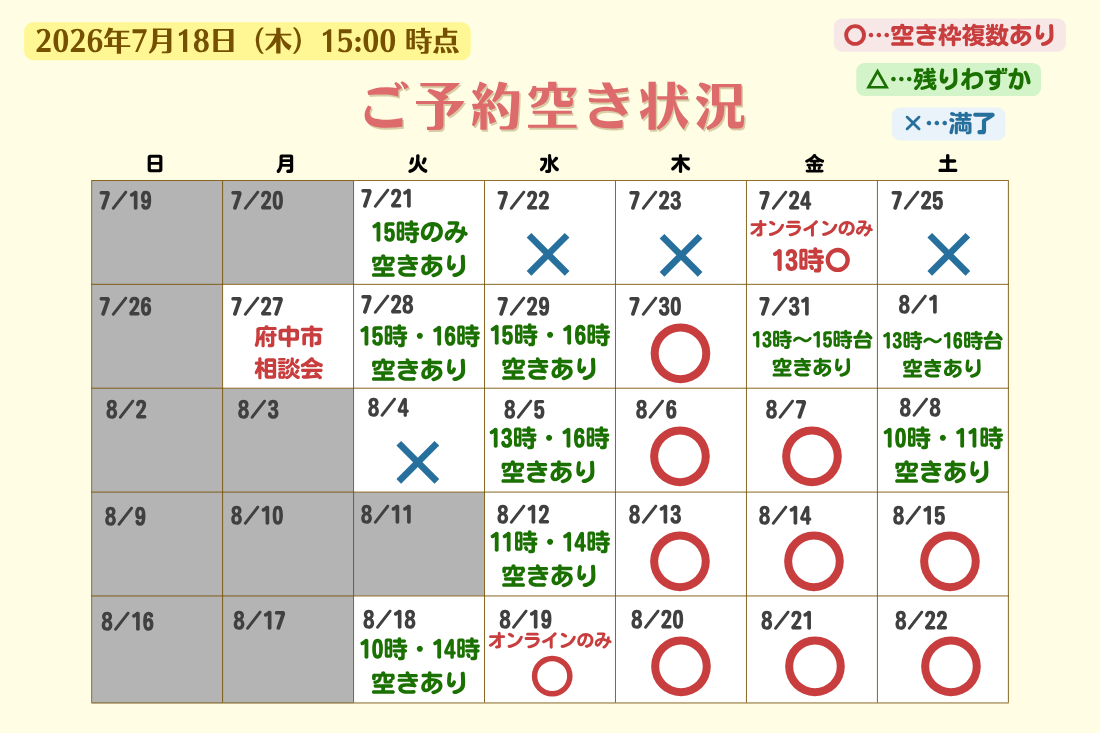 予約状況を示すカレンダー。日付ごとに空き有り・オンラインのみ・満席などの表示がある。7/21は15時のみ空き、7/24はオンラインのみ13時、8/13は空きあり等。