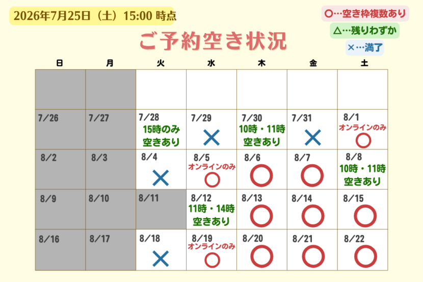 ご予約空き状況のカレンダー。日曜始まりで7/26〜8/22、灰色は不可、Xは不可、緑の文字は空きあり（例: 7/28 15時のみ空きあり、8/2〜8/3は不可など）、赤い丸はオンラインのみの案内。